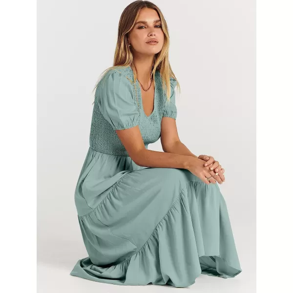 imageANRABESS Womens Summer Puff Short Sleeve V Neck Smocked Tiered Swing A Line Beach Midi Dress with PocketsLight