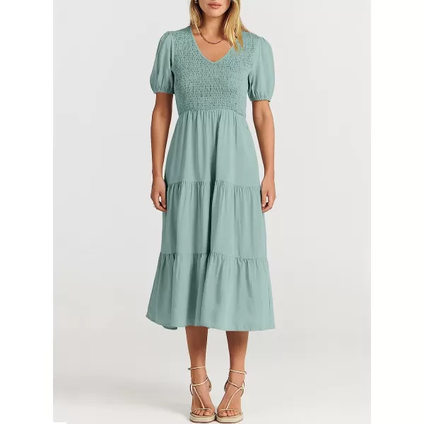 imageANRABESS Womens Summer Puff Short Sleeve V Neck Smocked Tiered Swing A Line Beach Midi Dress with PocketsLight
