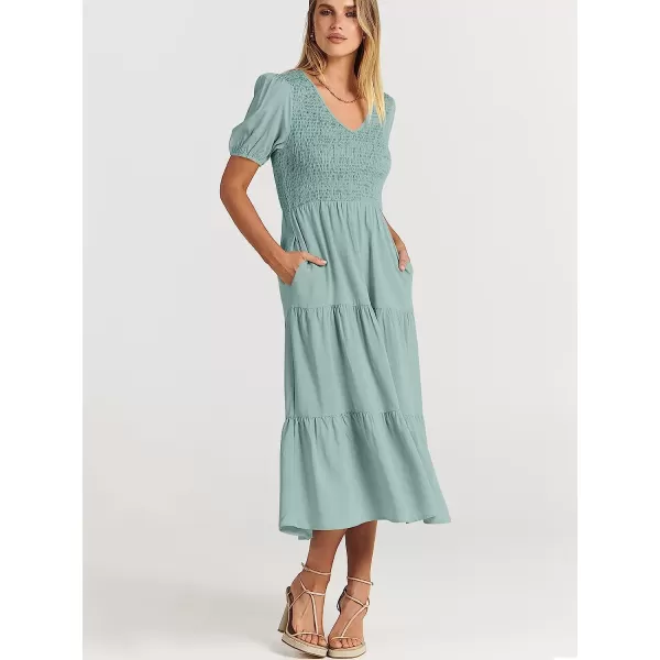 imageANRABESS Womens Summer Puff Short Sleeve V Neck Smocked Tiered Swing A Line Beach Midi Dress with PocketsLight