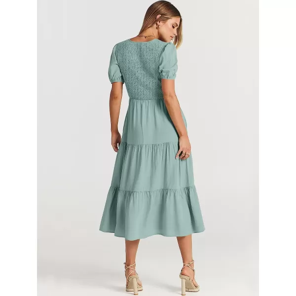 imageANRABESS Womens Summer Puff Short Sleeve V Neck Smocked Tiered Swing A Line Beach Midi Dress with PocketsLight