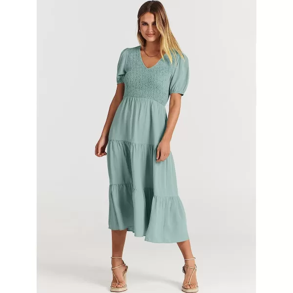 imageANRABESS Womens Summer Puff Short Sleeve V Neck Smocked Tiered Swing A Line Beach Midi Dress with PocketsLight