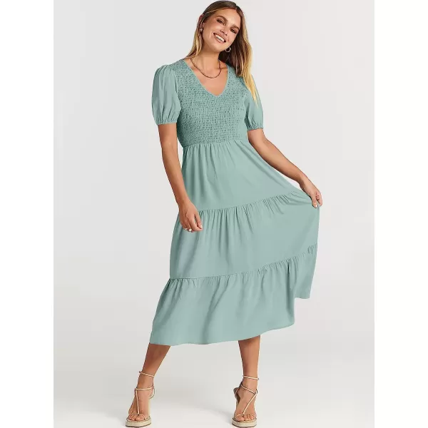 imageANRABESS Womens Summer Puff Short Sleeve V Neck Smocked Tiered Swing A Line Beach Midi Dress with PocketsLight