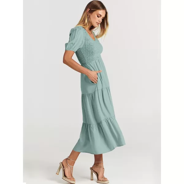 imageANRABESS Womens Summer Puff Short Sleeve V Neck Smocked Tiered Swing A Line Beach Midi Dress with PocketsLight