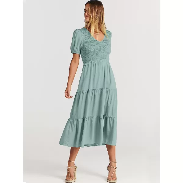 imageANRABESS Womens Summer Puff Short Sleeve V Neck Smocked Tiered Swing A Line Beach Midi Dress with PocketsLight