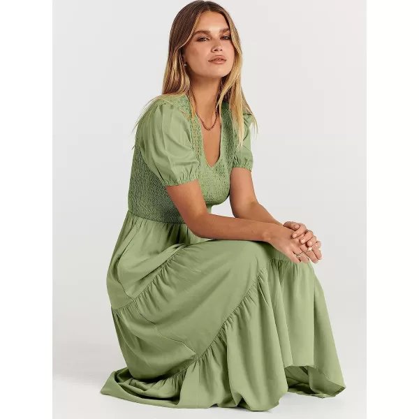 imageANRABESS Womens Summer Puff Short Sleeve V Neck Smocked Tiered Swing A Line Beach Midi Dress with PocketsLight Green