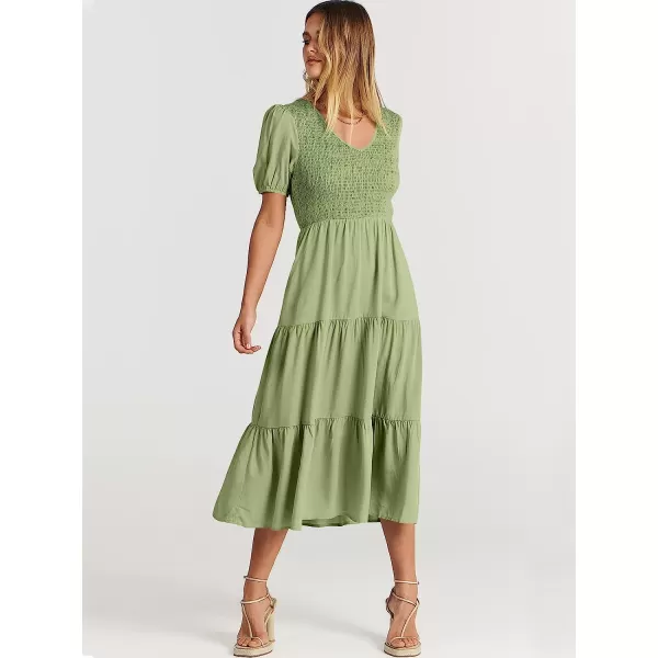 imageANRABESS Womens Summer Puff Short Sleeve V Neck Smocked Tiered Swing A Line Beach Midi Dress with PocketsLight Green