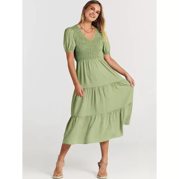 imageANRABESS Womens Summer Puff Short Sleeve V Neck Smocked Tiered Swing A Line Beach Midi Dress with PocketsLight Green