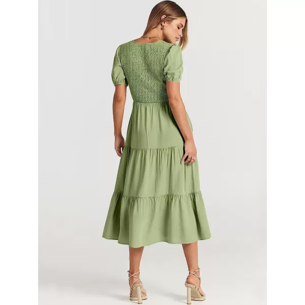 imageANRABESS Womens Summer Puff Short Sleeve V Neck Smocked Tiered Swing A Line Beach Midi Dress with PocketsLight Green