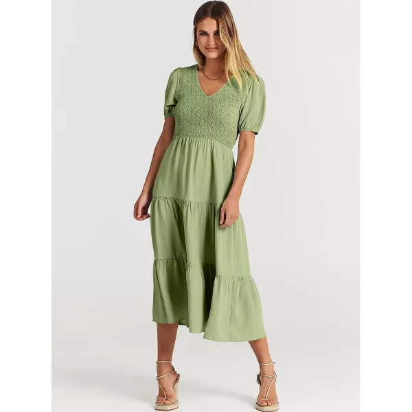 imageANRABESS Womens Summer Puff Short Sleeve V Neck Smocked Tiered Swing A Line Beach Midi Dress with PocketsLight Green