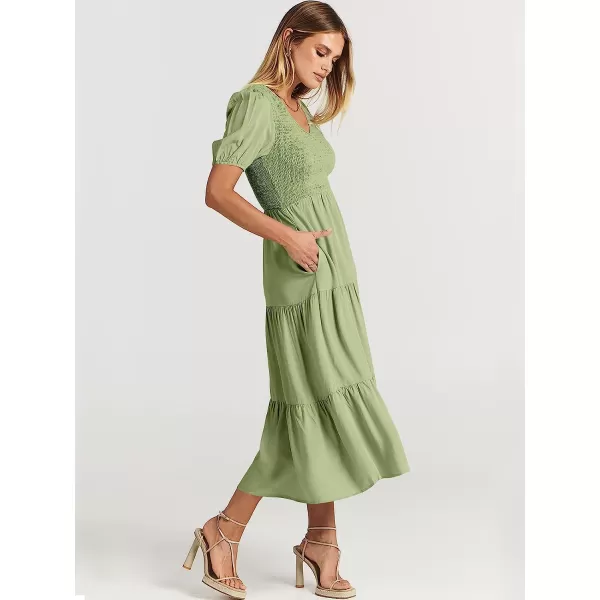 imageANRABESS Womens Summer Puff Short Sleeve V Neck Smocked Tiered Swing A Line Beach Midi Dress with PocketsLight Green