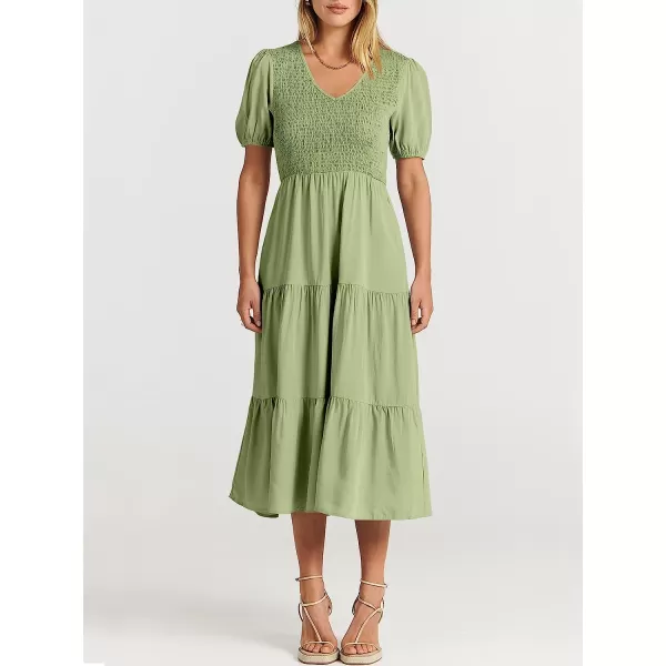 imageANRABESS Womens Summer Puff Short Sleeve V Neck Smocked Tiered Swing A Line Beach Midi Dress with PocketsLight Green