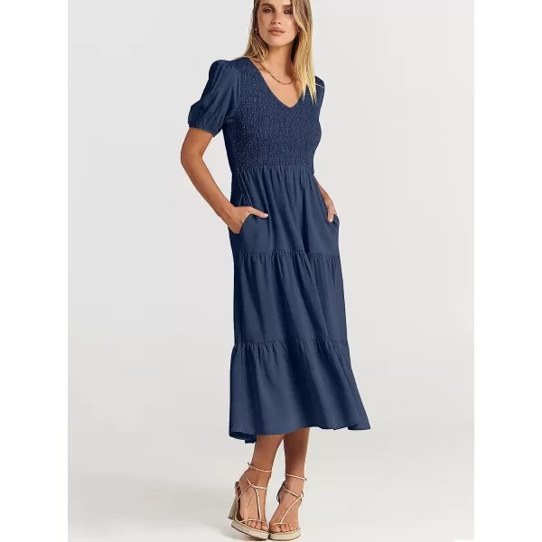 imageANRABESS Womens Summer Puff Short Sleeve V Neck Smocked Tiered Swing A Line Beach Midi Dress with PocketsNavy Blue