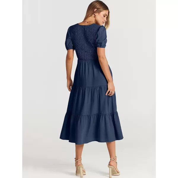imageANRABESS Womens Summer Puff Short Sleeve V Neck Smocked Tiered Swing A Line Beach Midi Dress with PocketsNavy Blue
