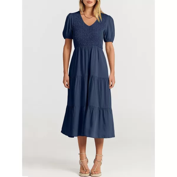 imageANRABESS Womens Summer Puff Short Sleeve V Neck Smocked Tiered Swing A Line Beach Midi Dress with PocketsNavy Blue
