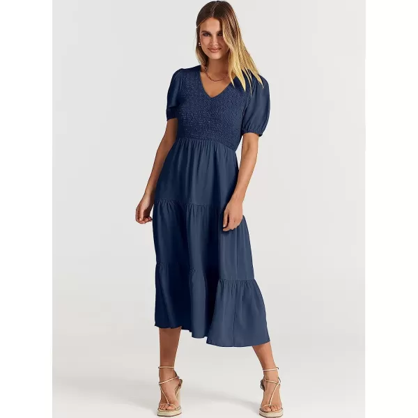 imageANRABESS Womens Summer Puff Short Sleeve V Neck Smocked Tiered Swing A Line Beach Midi Dress with PocketsNavy Blue