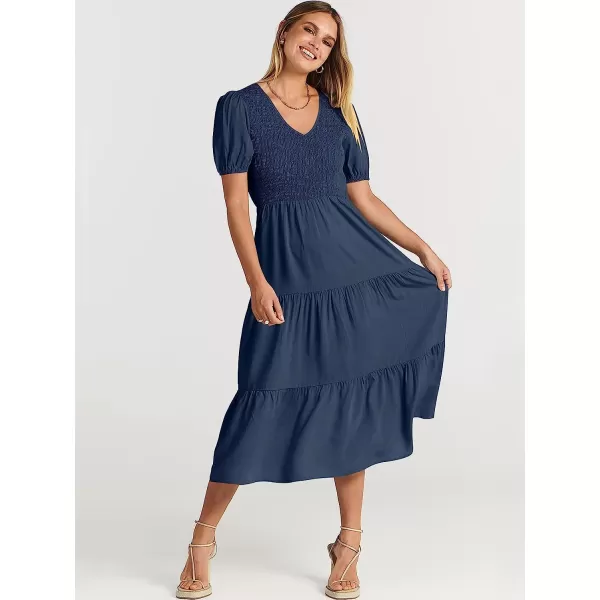 imageANRABESS Womens Summer Puff Short Sleeve V Neck Smocked Tiered Swing A Line Beach Midi Dress with PocketsNavy Blue