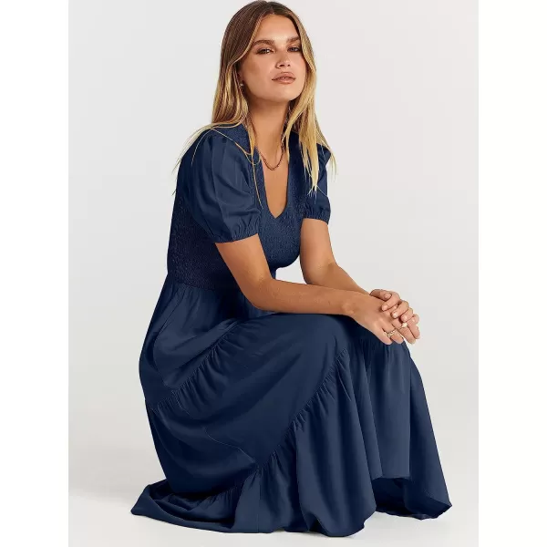 imageANRABESS Womens Summer Puff Short Sleeve V Neck Smocked Tiered Swing A Line Beach Midi Dress with PocketsNavy Blue