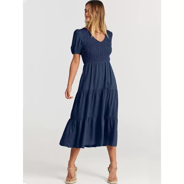 imageANRABESS Womens Summer Puff Short Sleeve V Neck Smocked Tiered Swing A Line Beach Midi Dress with PocketsNavy Blue