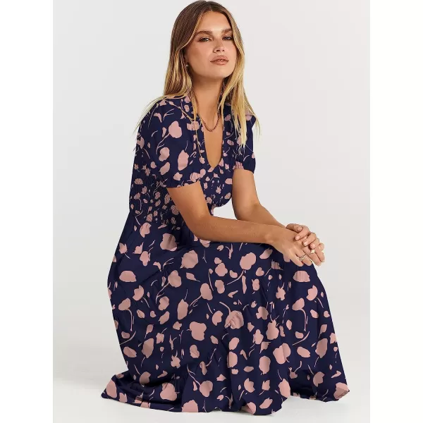 imageANRABESS Womens Summer Puff Short Sleeve V Neck Smocked Tiered Swing A Line Beach Midi Dress with PocketsNavypink