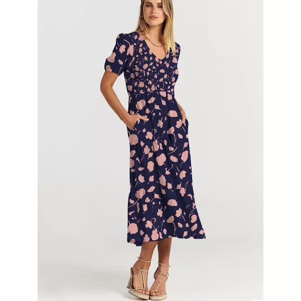 imageANRABESS Womens Summer Puff Short Sleeve V Neck Smocked Tiered Swing A Line Beach Midi Dress with PocketsNavypink