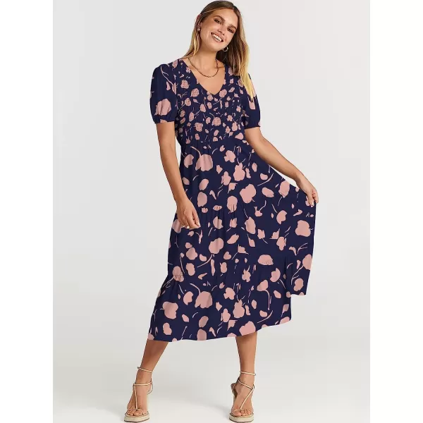 imageANRABESS Womens Summer Puff Short Sleeve V Neck Smocked Tiered Swing A Line Beach Midi Dress with PocketsNavypink