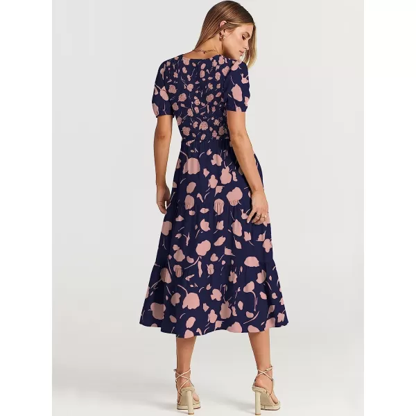 imageANRABESS Womens Summer Puff Short Sleeve V Neck Smocked Tiered Swing A Line Beach Midi Dress with PocketsNavypink