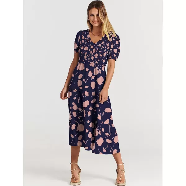 imageANRABESS Womens Summer Puff Short Sleeve V Neck Smocked Tiered Swing A Line Beach Midi Dress with PocketsNavypink