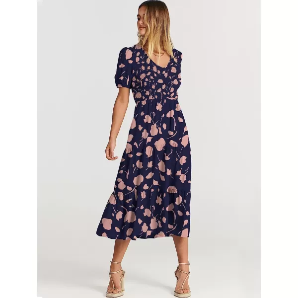 imageANRABESS Womens Summer Puff Short Sleeve V Neck Smocked Tiered Swing A Line Beach Midi Dress with PocketsNavypink