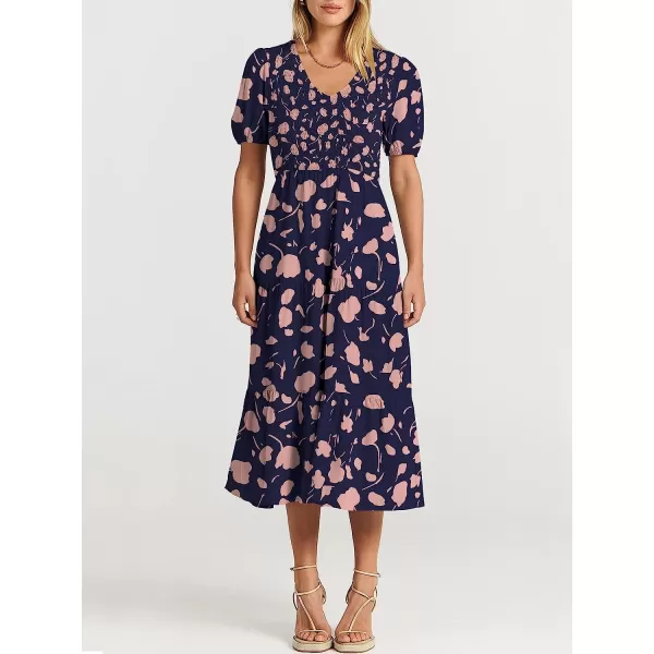 imageANRABESS Womens Summer Puff Short Sleeve V Neck Smocked Tiered Swing A Line Beach Midi Dress with PocketsNavypink