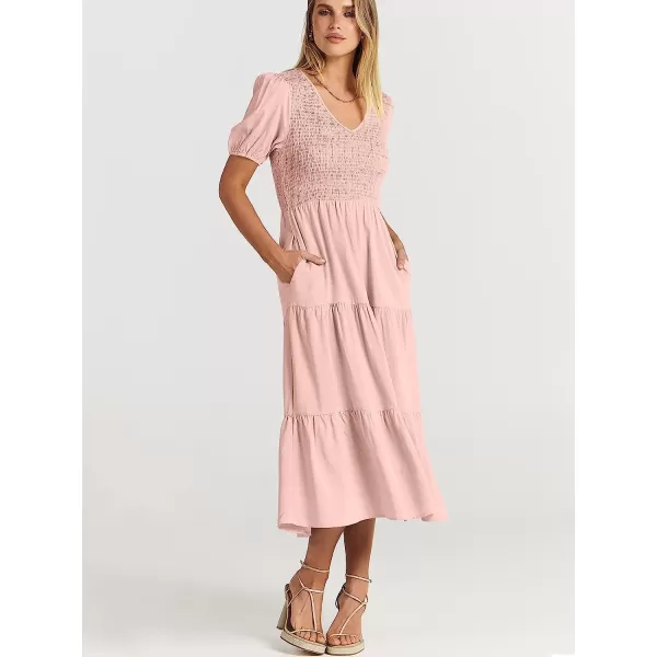 imageANRABESS Womens Summer Puff Short Sleeve V Neck Smocked Tiered Swing A Line Beach Midi Dress with PocketsPink