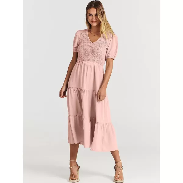 imageANRABESS Womens Summer Puff Short Sleeve V Neck Smocked Tiered Swing A Line Beach Midi Dress with PocketsPink
