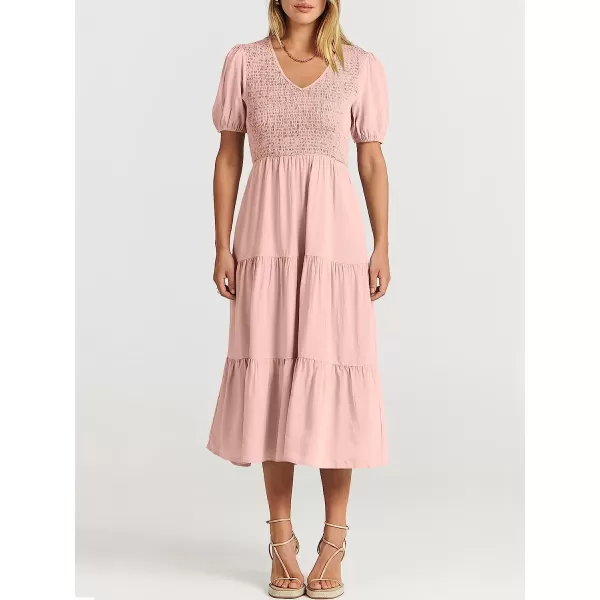 imageANRABESS Womens Summer Puff Short Sleeve V Neck Smocked Tiered Swing A Line Beach Midi Dress with PocketsPink