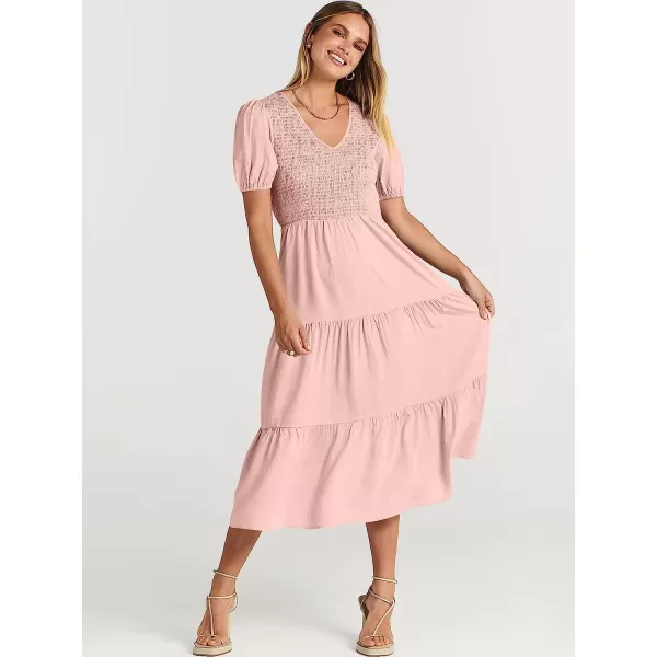 imageANRABESS Womens Summer Puff Short Sleeve V Neck Smocked Tiered Swing A Line Beach Midi Dress with PocketsPink