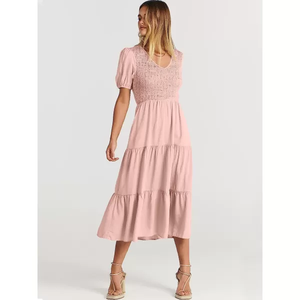 imageANRABESS Womens Summer Puff Short Sleeve V Neck Smocked Tiered Swing A Line Beach Midi Dress with PocketsPink