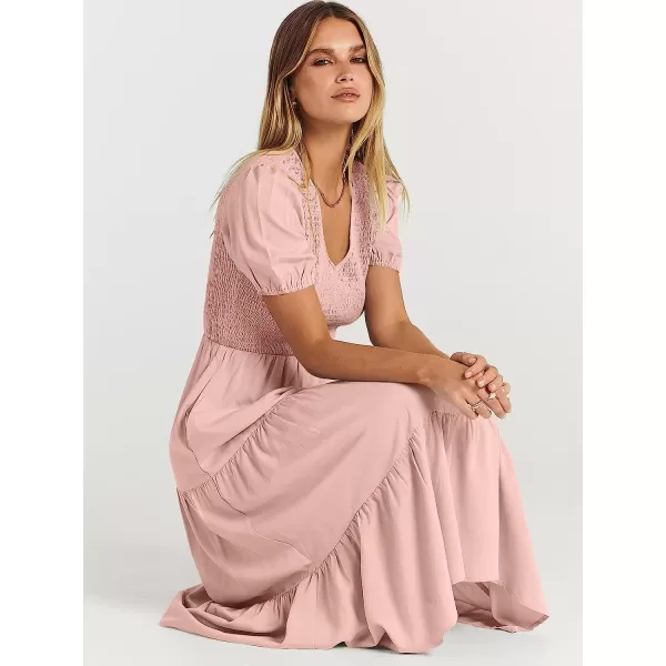 imageANRABESS Womens Summer Puff Short Sleeve V Neck Smocked Tiered Swing A Line Beach Midi Dress with PocketsPink
