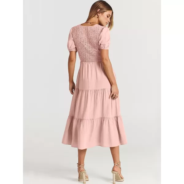 imageANRABESS Womens Summer Puff Short Sleeve V Neck Smocked Tiered Swing A Line Beach Midi Dress with PocketsPink
