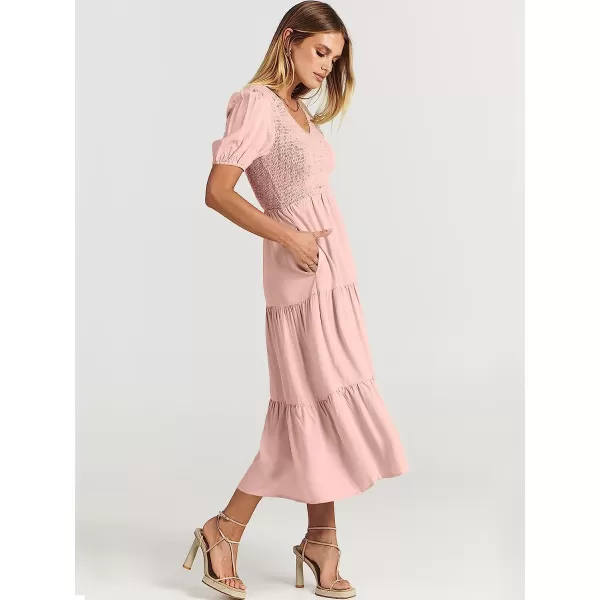 imageANRABESS Womens Summer Puff Short Sleeve V Neck Smocked Tiered Swing A Line Beach Midi Dress with PocketsPink