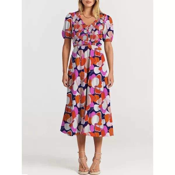 imageANRABESS Womens Summer Puff Short Sleeve V Neck Smocked Tiered Swing A Line Beach Midi Dress with PocketsPrint Floral 01