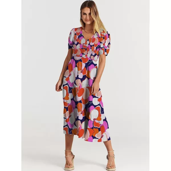 imageANRABESS Womens Summer Puff Short Sleeve V Neck Smocked Tiered Swing A Line Beach Midi Dress with PocketsPrint Floral 01