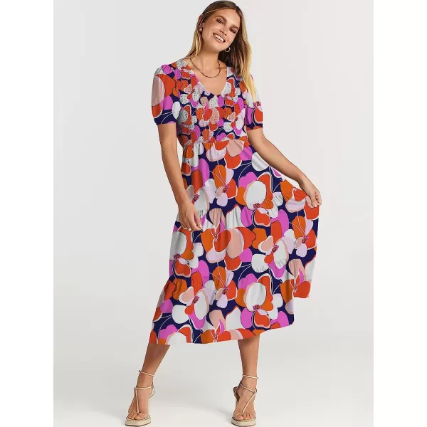 imageANRABESS Womens Summer Puff Short Sleeve V Neck Smocked Tiered Swing A Line Beach Midi Dress with PocketsPrint Floral 01