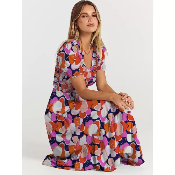 imageANRABESS Womens Summer Puff Short Sleeve V Neck Smocked Tiered Swing A Line Beach Midi Dress with PocketsPrint Floral 01