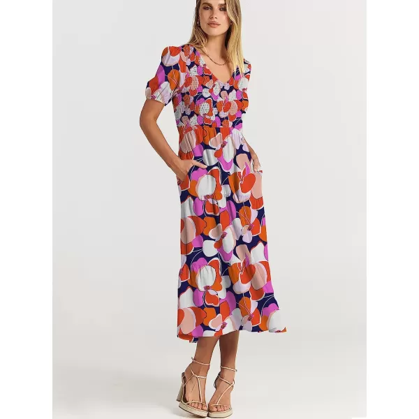 imageANRABESS Womens Summer Puff Short Sleeve V Neck Smocked Tiered Swing A Line Beach Midi Dress with PocketsPrint Floral 01
