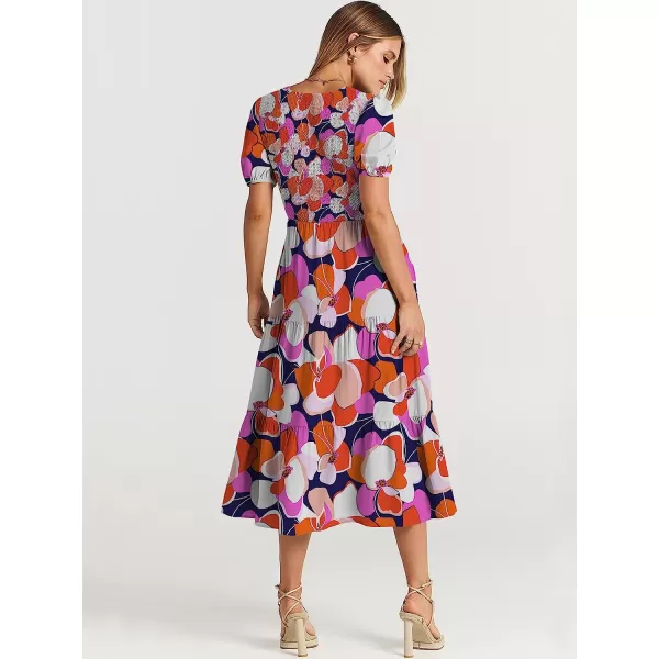 imageANRABESS Womens Summer Puff Short Sleeve V Neck Smocked Tiered Swing A Line Beach Midi Dress with PocketsPrint Floral 01