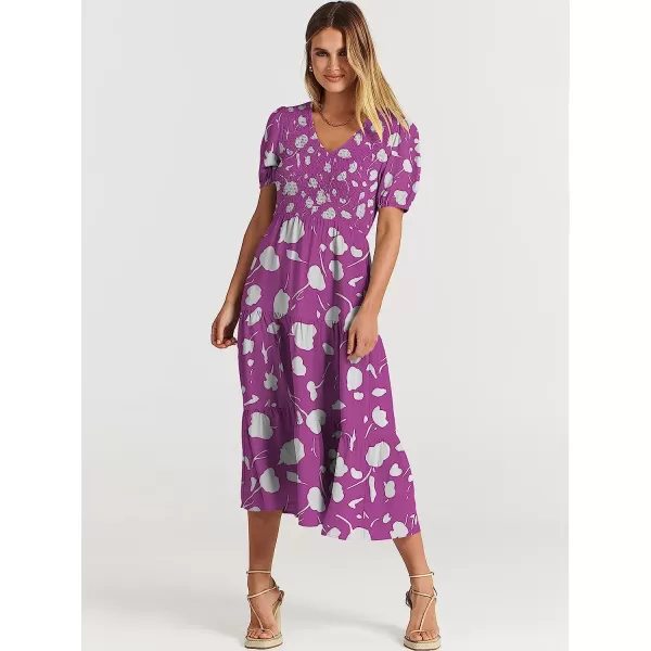 imageANRABESS Womens Summer Puff Short Sleeve V Neck Smocked Tiered Swing A Line Beach Midi Dress with PocketsPrint Purple