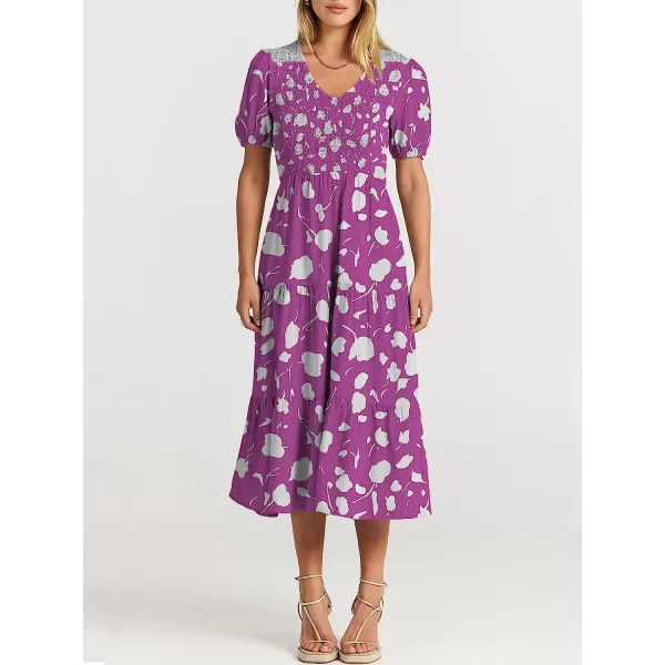 imageANRABESS Womens Summer Puff Short Sleeve V Neck Smocked Tiered Swing A Line Beach Midi Dress with PocketsPrint Purple