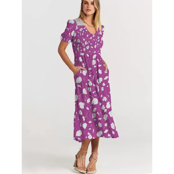 imageANRABESS Womens Summer Puff Short Sleeve V Neck Smocked Tiered Swing A Line Beach Midi Dress with PocketsPrint Purple