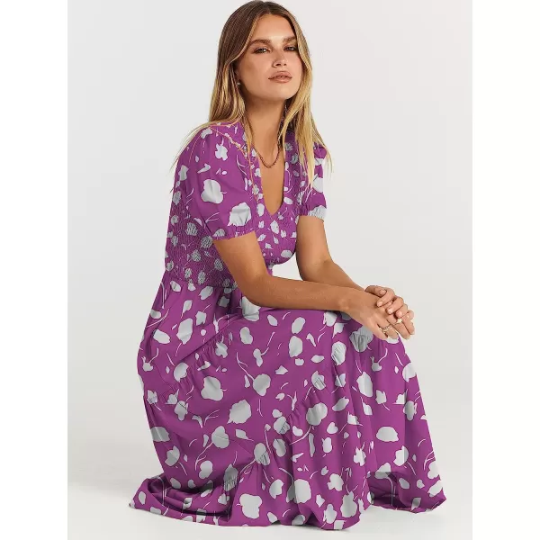 imageANRABESS Womens Summer Puff Short Sleeve V Neck Smocked Tiered Swing A Line Beach Midi Dress with PocketsPrint Purple