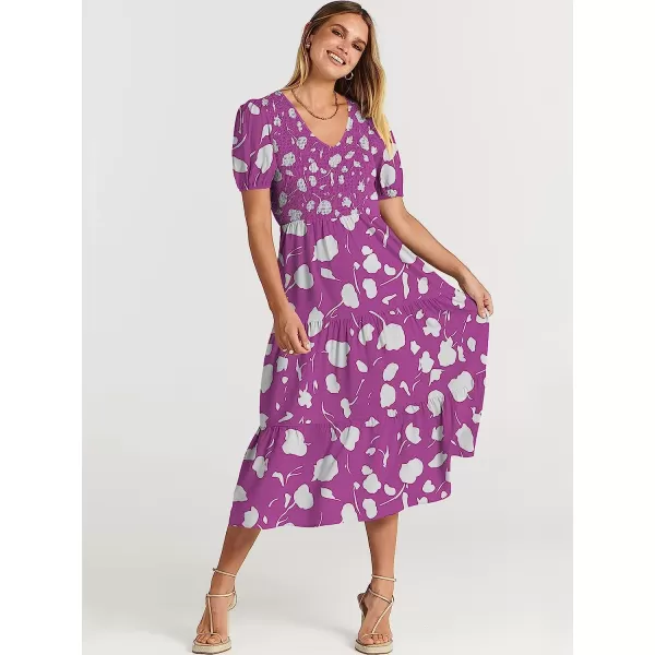 imageANRABESS Womens Summer Puff Short Sleeve V Neck Smocked Tiered Swing A Line Beach Midi Dress with PocketsPrint Purple