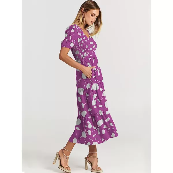 imageANRABESS Womens Summer Puff Short Sleeve V Neck Smocked Tiered Swing A Line Beach Midi Dress with PocketsPrint Purple
