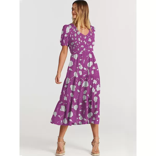 imageANRABESS Womens Summer Puff Short Sleeve V Neck Smocked Tiered Swing A Line Beach Midi Dress with PocketsPrint Purple